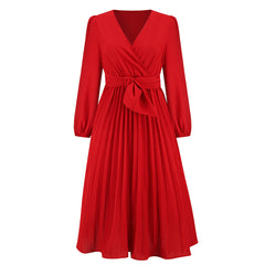 Long Sleeve Slim Fit Pleated Belt V neck Dress A line Dress