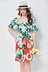 Positioning Print Square Neck Three Dimensional Puff Sleeve Dress Slim High Waist Dress