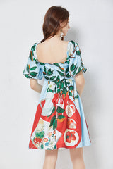 Vestido ajustado de cintura alta con mangas abullonadas tridimensionales, cuello cuadrado y estampado de posicionamiento