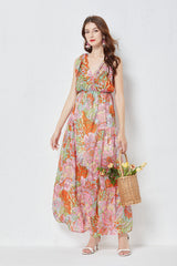 Vestido de tirantes de tencel con lazo y estampado de vuelo, vestido ajustado de cintura alta