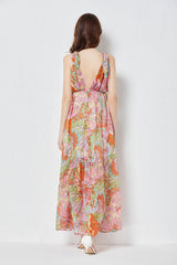 Vestido de tirantes de tencel con lazo y estampado de vuelo, vestido ajustado de cintura alta