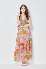 Vestido de tirantes de tencel con lazo y estampado de vuelo, vestido ajustado de cintura alta