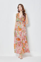 Vestido de tirantes de tencel con lazo y estampado de vuelo, vestido ajustado de cintura alta