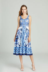 Blue White Porcelain Positioning Retro Printing Three Dimensional Tube Top Strap Dress High Waist Dress