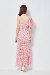 Slanted Shoulder Heart Cut Flower Print Asymmetric One Shoulder Slim Fit Waist Ruffle Dress