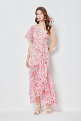 Slanted Shoulder Heart Cut Flower Print Asymmetric One Shoulder Slim Fit Waist Ruffle Dress
