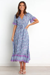 Daily V Neck Printed Loose Short A Line Dress