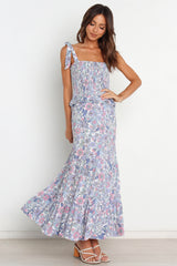 Vacation Printed Ruffed Tie Maxi A Line Dress
