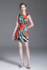 Printed Crew Neck Sleeveless A Line Short Dress