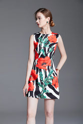 Printed Crew Neck Sleeveless A Line Short Dress