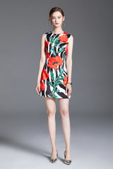 Printed Crew Neck Sleeveless A Line Short Dress