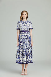 Printed Crew Neck Short Sleeve A Line Mixi Dress