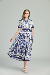 Vestido mixto de corte A con cuello redondo y manga corta estampado