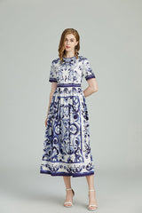 Vestido mixto de corte A con cuello redondo y manga corta estampado