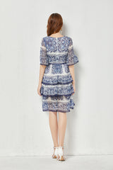 High End Blue White Porcelain Printed Horn Sleeve 3 Layer Cake Dress Silk Large Pendulum Dress