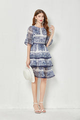 High End Blue White Porcelain Printed Horn Sleeve 3 Layer Cake Dress Silk Large Pendulum Dress