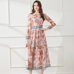 Light Silk Chiffon Printed Dress Crew Neck A Line Dress