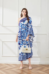 Asymmetric Design Slant Shoulder Print Loose Dress