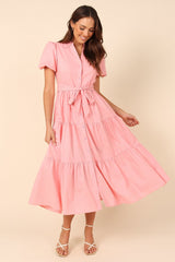 Puff Sleeve Cotton Short Sleeved Belt Dress