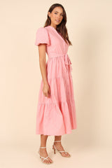 Puff Sleeve Cotton Short Sleeved Belt Dress