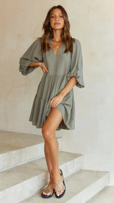 Solid Color Cotton Lantern Sleeve Mid Sleeve Dress