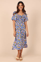 Vacation Floral V Neck Tie Smocked Maxi A Line Dress