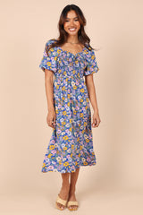 Vacation Floral V Neck Tie Smocked Maxi A Line Dress