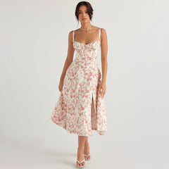 Backless Slim Fit Strap Dress Vacation Floral Split Mid Length Dress
