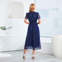 Embroidered Bright Yarn Mesh DressSlim Fit V neck Mid Length Dress