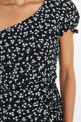 Short Sleeve Vacation Asymmetrical One Shoulder Floral Dress