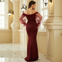 Long Sleeved Elegant Long Mesh Stitching off Neck Cocktail Evening Dress Bridesmaid Dress