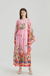 Vintage Court Style Round Neck Trumpet Long Sleeve Loose Printed Dress Tencel Long Dress