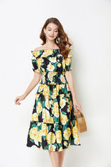 off shoulder Collar Short sleeved Ruffled Dress