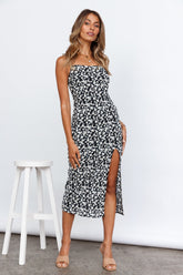 Holiday Slip Slit Print Midi Dress