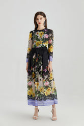 Fall Vacation Crew Neck Floral A Line Maxi Dress