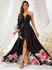 Vestido largo de gasa de una sola manga con estampado digital, vestido largo con abertura y vuelo grande