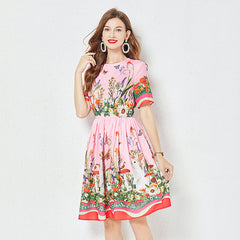Positioning Butterfly Flower Print Large Swing Dress Short Sleeve A line Dress