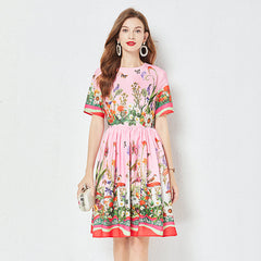 Positioning Butterfly Flower Print Large Swing Dress Short Sleeve A line Dress