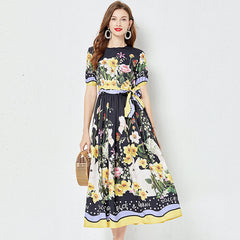 Positioning Flower Print Large Swing Dress Short Sleeve A line Dress