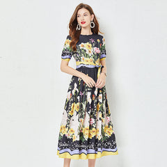Positioning Flower Print Large Swing Dress Short Sleeve A line Dress
