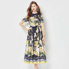 Positioning Flower Print Large Swing Dress Short Sleeve A line Dress