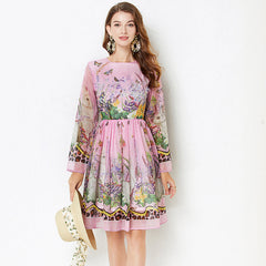 Positioning Rabbit Flower Print Large Swing Dress Long Sleeve A line Dress