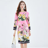 Positioning Print Elegant High Waist Hip Dress High Waist Long Sleeve Round Collar Dress