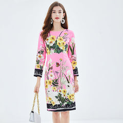 Positioning Print Elegant High Waist Hip Dress High Waist Long Sleeve Round Collar Dress