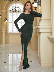 Vestido de punto elástico de manga larga con dobladillo ajustado y abertura de seda brillante