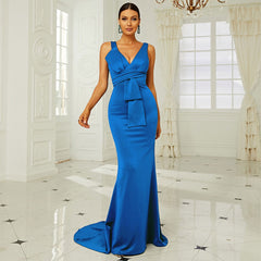 V neck Sleeveless Elegant Slim Long Solid Color Cocktail Bridesmaid Dress Evening