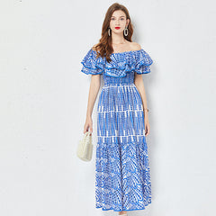Cotton Embroidered Hollow Waist Dress Shoulder Ruffled Long Dress
