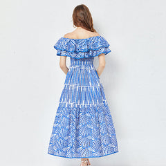 Cotton Embroidered Hollow Waist Dress Shoulder Ruffled Long Dress