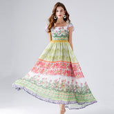 Contrast Colorful Flower Print Chiffon Dress High Waist Back Rubber A Line Dress