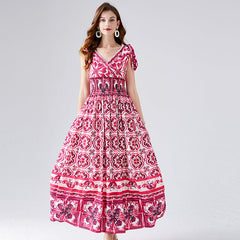 V Neck Positioning Printed Rubber High Waist Dress Bow Strap Dress